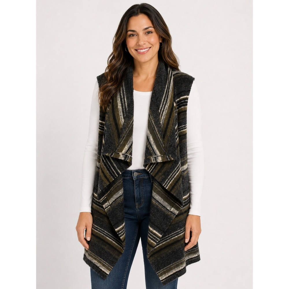 Gray Wool Blend Drape Front Vest Large Gray Striped Boho Cabin Layer Earthy Chic